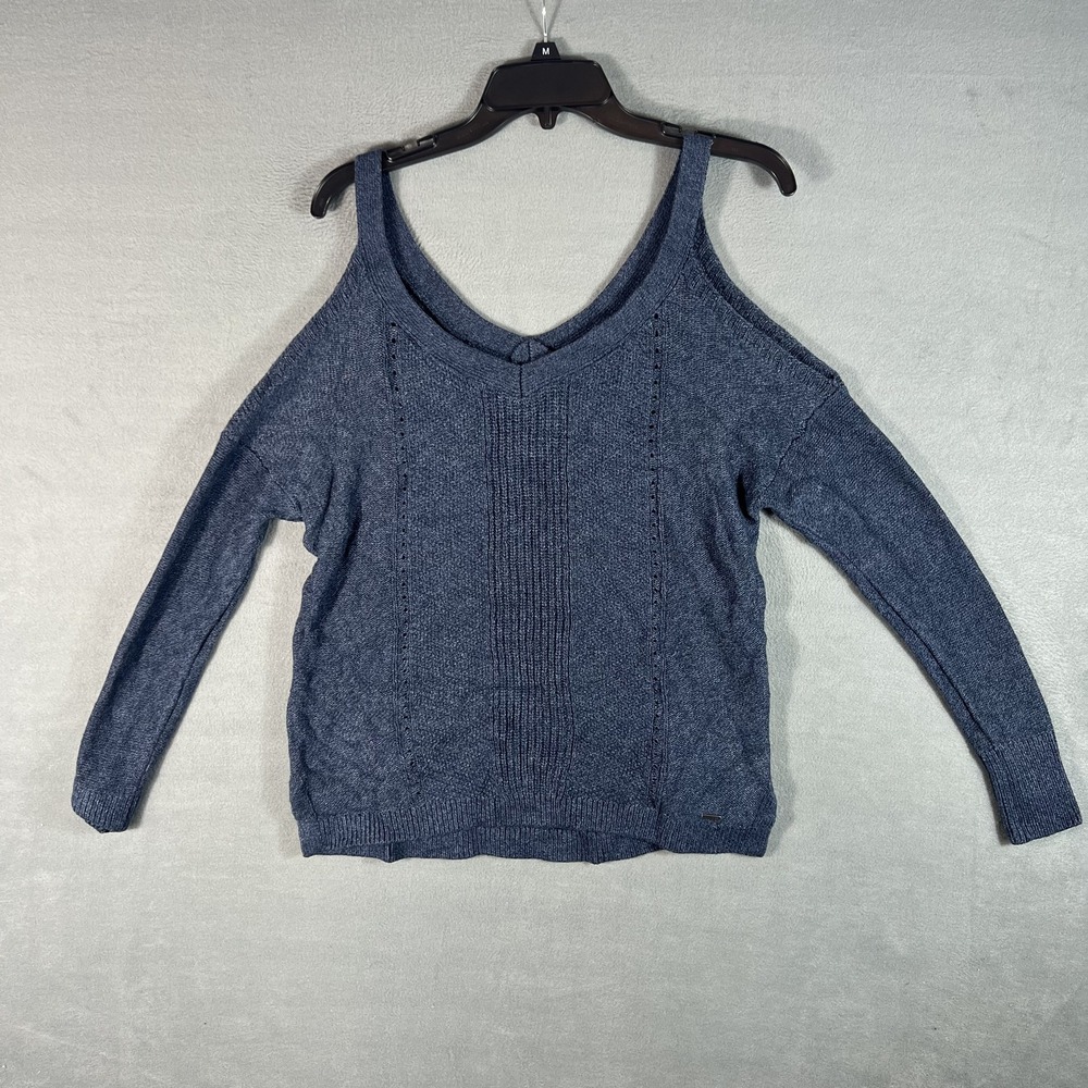 Hollister Women's‎ Blue Cold Shoulder V-Neck Knit Sweater Size M Cotton Blend
